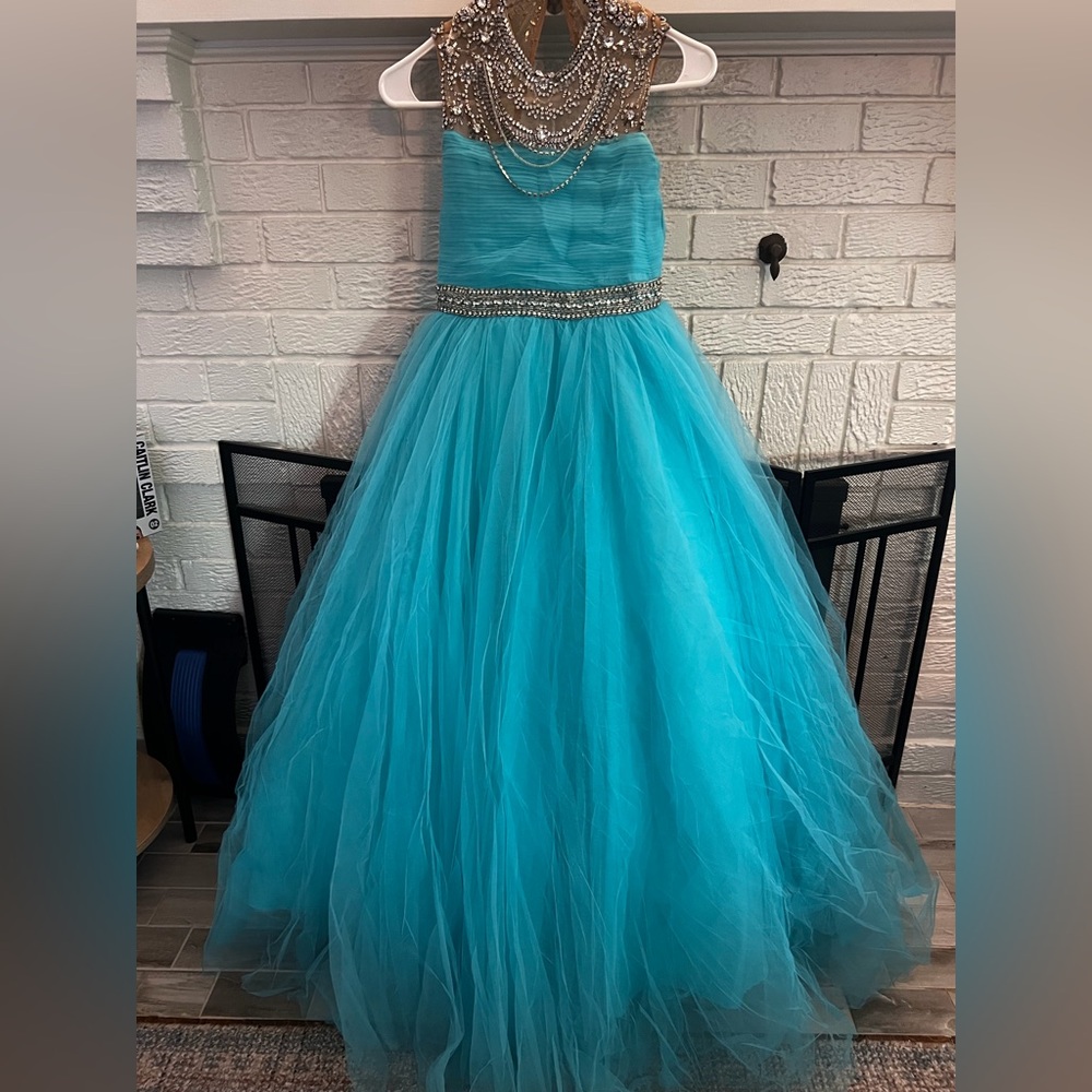 Sherri Hill Littles Teal Gown with Beaded Neckline and Waist